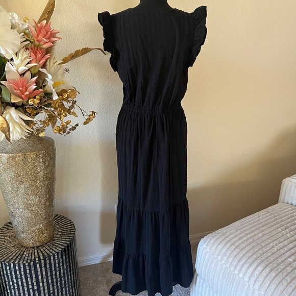 SOLDBlack Milkmaid Ruffle Dress Full Length Buttons Embroidered Polka Dots - Picture 5 of 10